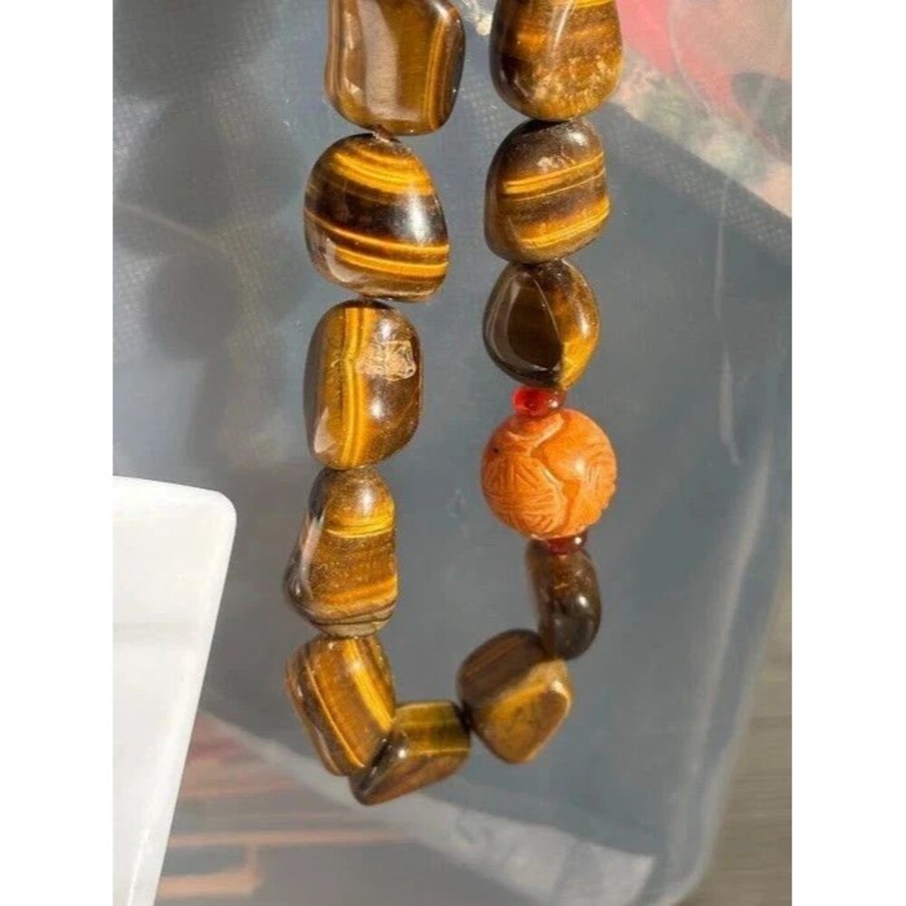 Vintage Sterling Silver Tiger’s Eye Necklace Hand Knotted Shou Bead 17" Chinese - Picture 9 of 16